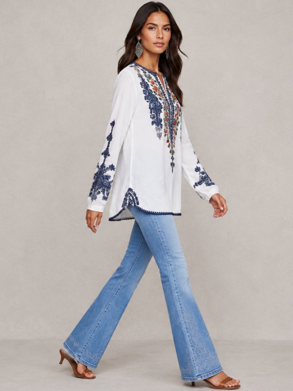 Johnny Was White Floral Embroidered Cupra Rayon Tunic Blouse Small - Picture 2 of 11